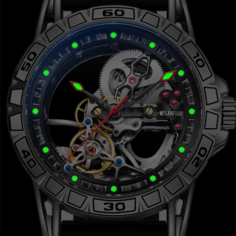 MUSANFIGO double-sided hollow men's fully automatic watch, silicone strap, mechanical movement men's night light waterproof fash