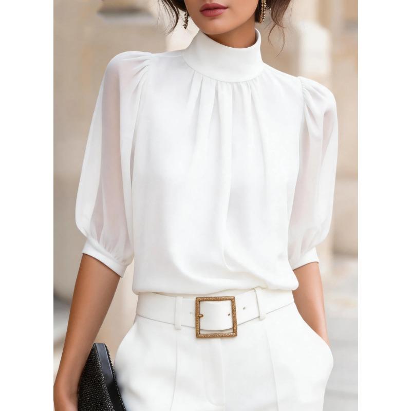 IHUASU Women's Fashion High Neck 1/2 Sleeves Casual Blouses & Shirts Elegant