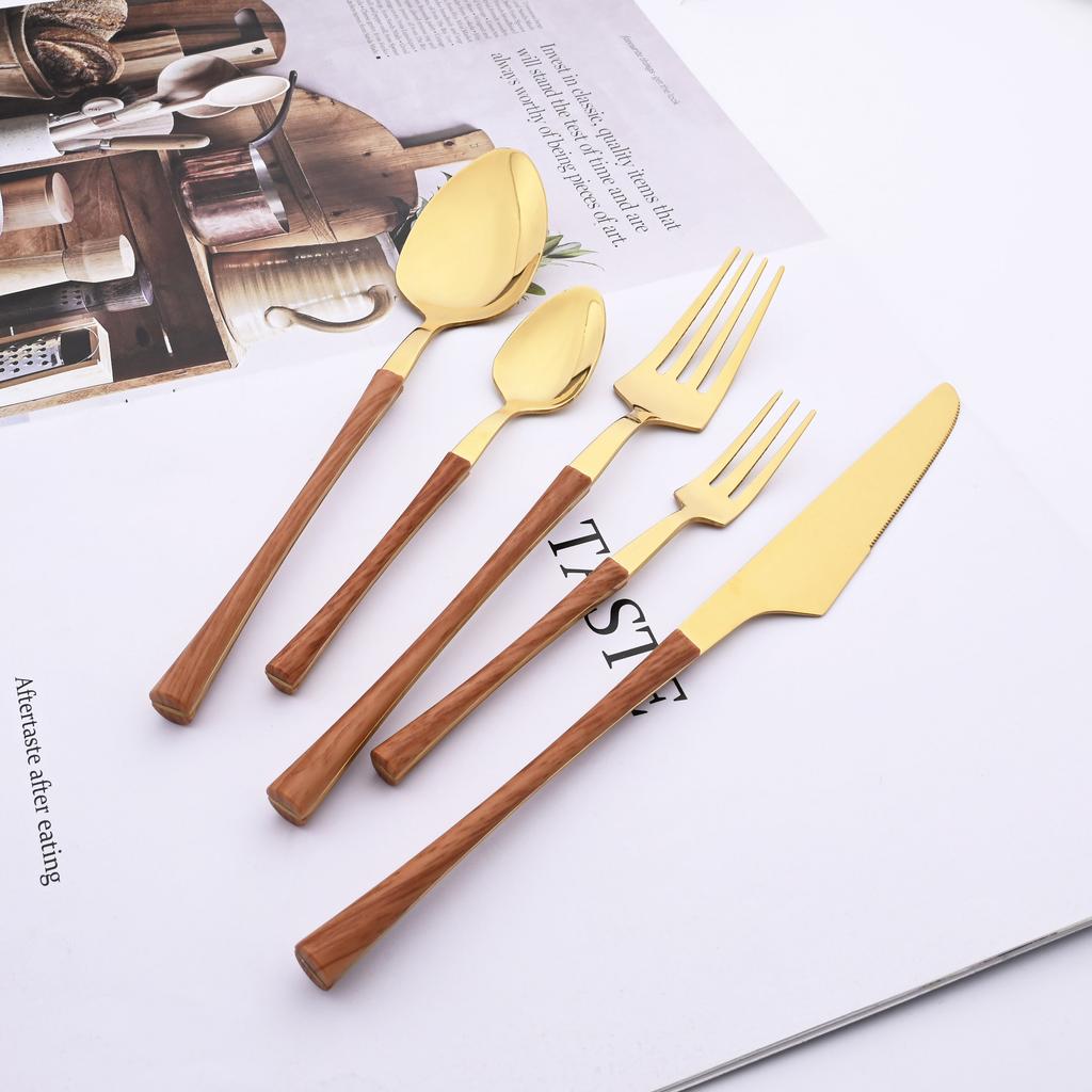 Brown Gold 20Pcs Stainless Steel Cutlery Set Knife Fork Coffee Spoon Dinnerware Imitation Wood Handle Tableware Kitchen Flatware
