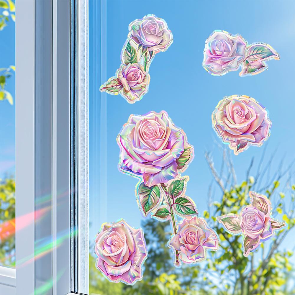 Wholesale of BXC004UV Laser Dazzling Pink Rose Balcony Window Beautification and Decoration Static Window Stickers