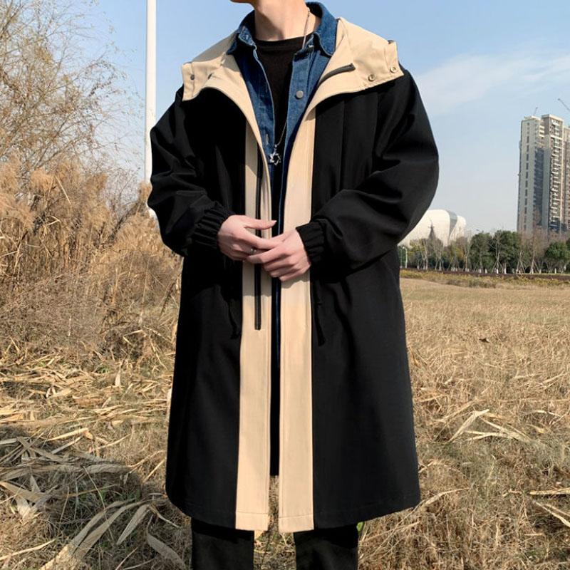 Fałszywe 2 szt. Wiatrówka Wiosna Duży rozmiar Bluza z kapturem Mężczyźni Casual Luźny płaszcz Jednolity kolor Wygodna kurtka Długa