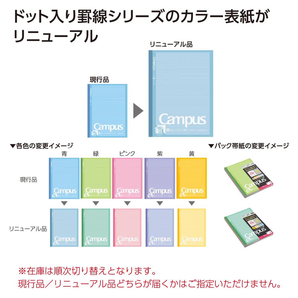 Kokuyo Campus B5 Dotted for Print Adhesive Notebook, Nobi, A-Ruled, 5-Color Pack, No-3HATX5,