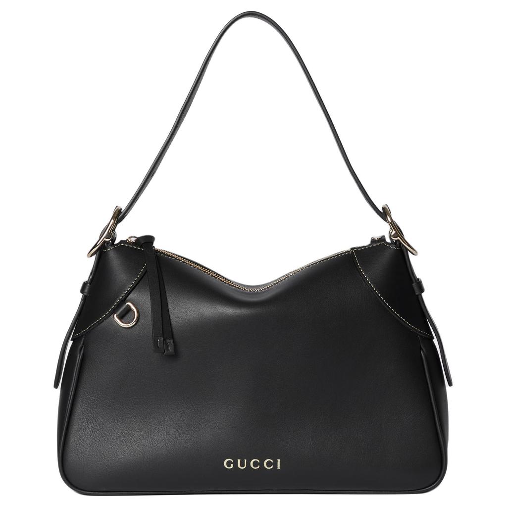 Gucci GG Emblem Logo Zip Closure Leather Underarm Handbag Medium Women Handbags Black 815216-AAEC2-1000