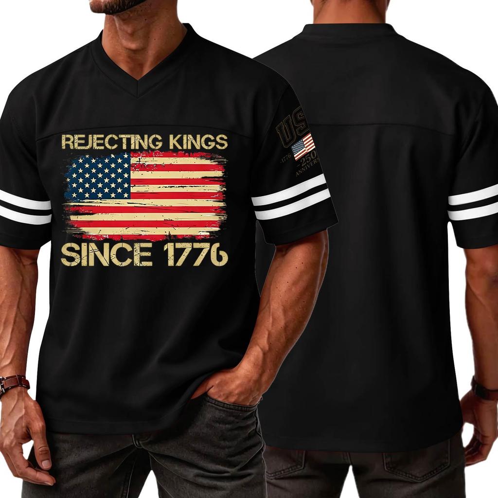 Men's Casual V Neck Short Sleeve Sports T Shirt with Flag and Independence Day Print Suitable for Daily Wear and Outdoor Activities