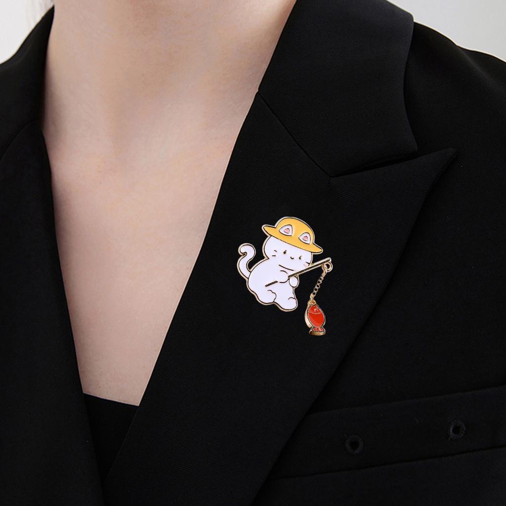 Playful Cat Fishing Brooch Adorable Alloy Pin Lightweight Design For Kids Adults Fashion Accessory With Colorful Fish Charm