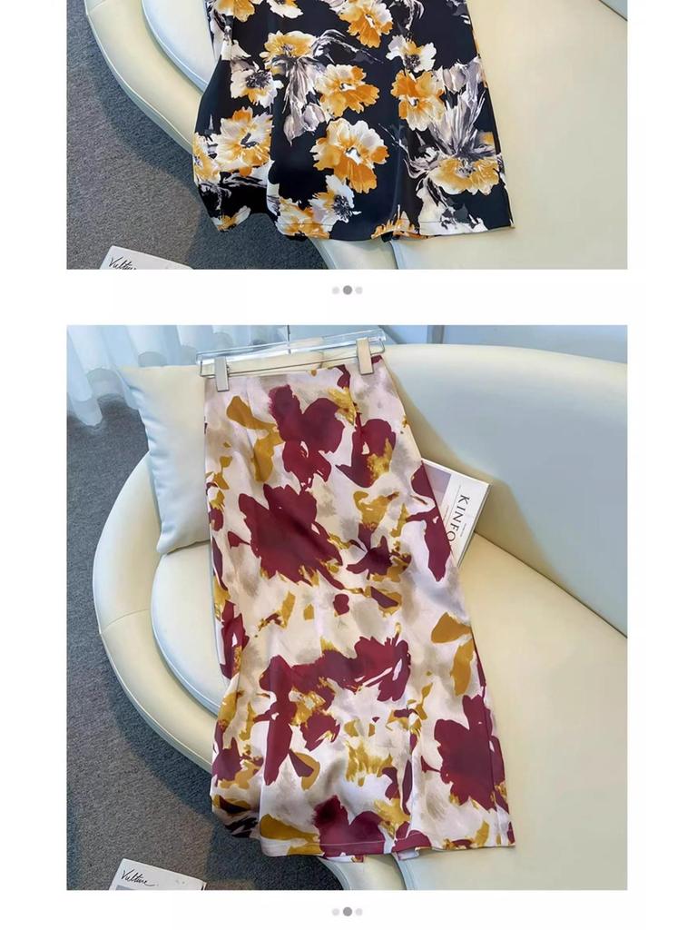 2025 Women's High-Waisted Satin Floral Midi Skirt - Summer A-Line Pencil Design