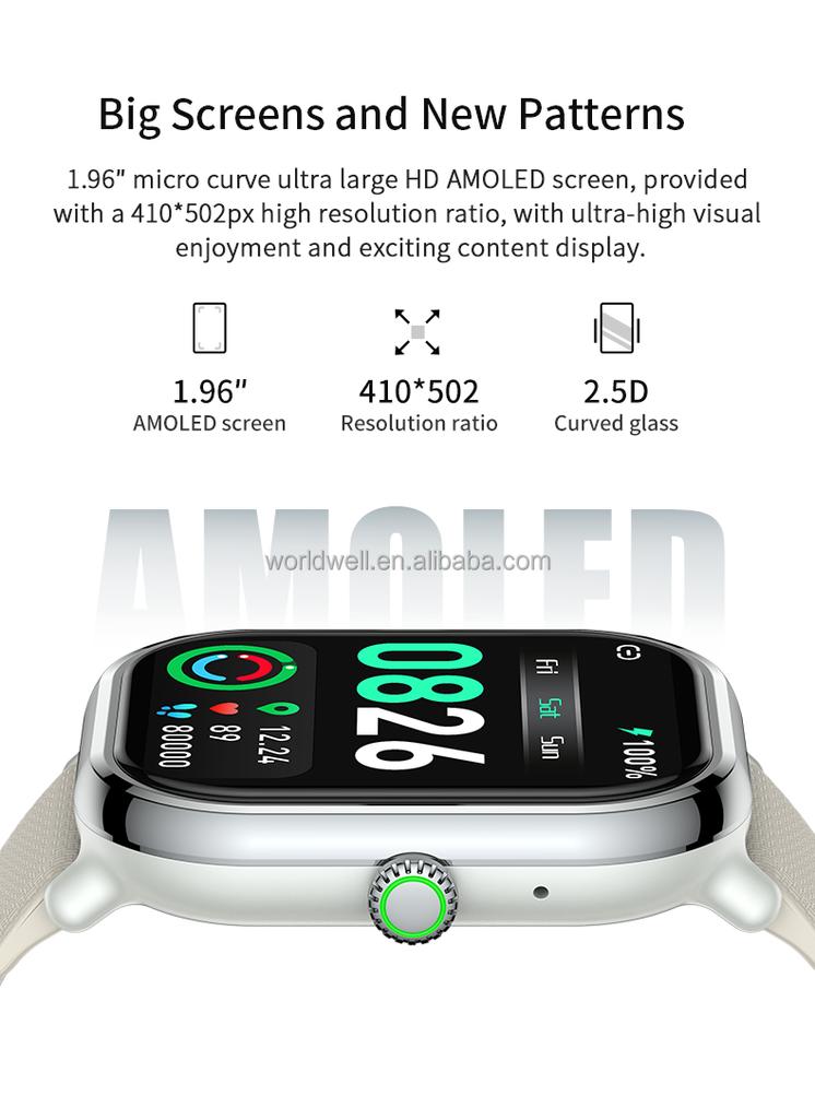 New Design Smart Watch 1.96-inch AMOLED Screen Always-on Display IP68 Waterproof Fashion Watches Fitness Smartwatch
