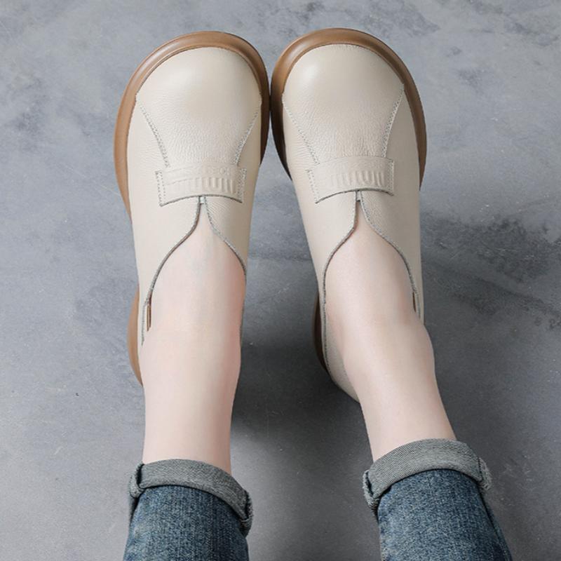 Round Head Wide Feet Women's Shoes Retro British Style Leather Shoes Thick Heel Single Shoes Genuine Leather Middle-aged Women's Shoes