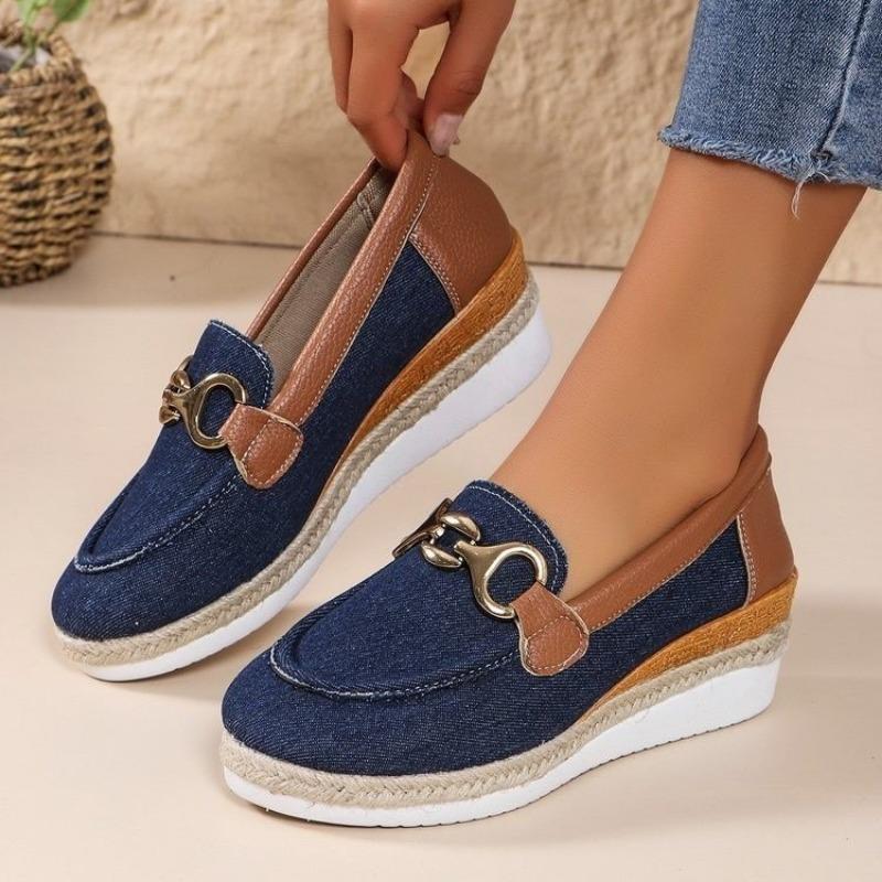 Large size wedge heel round head single shoes women's new chain metal buckle sponge cake shallow hemp rope woven women's shoes
