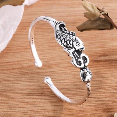 Nuovi Braccialetti Personalità Retro Pesce Carpa Loto Moda Gioielli in Argento Sterling 925 Onda Piccolo Pesce Braccialetti Apribili TYB118
