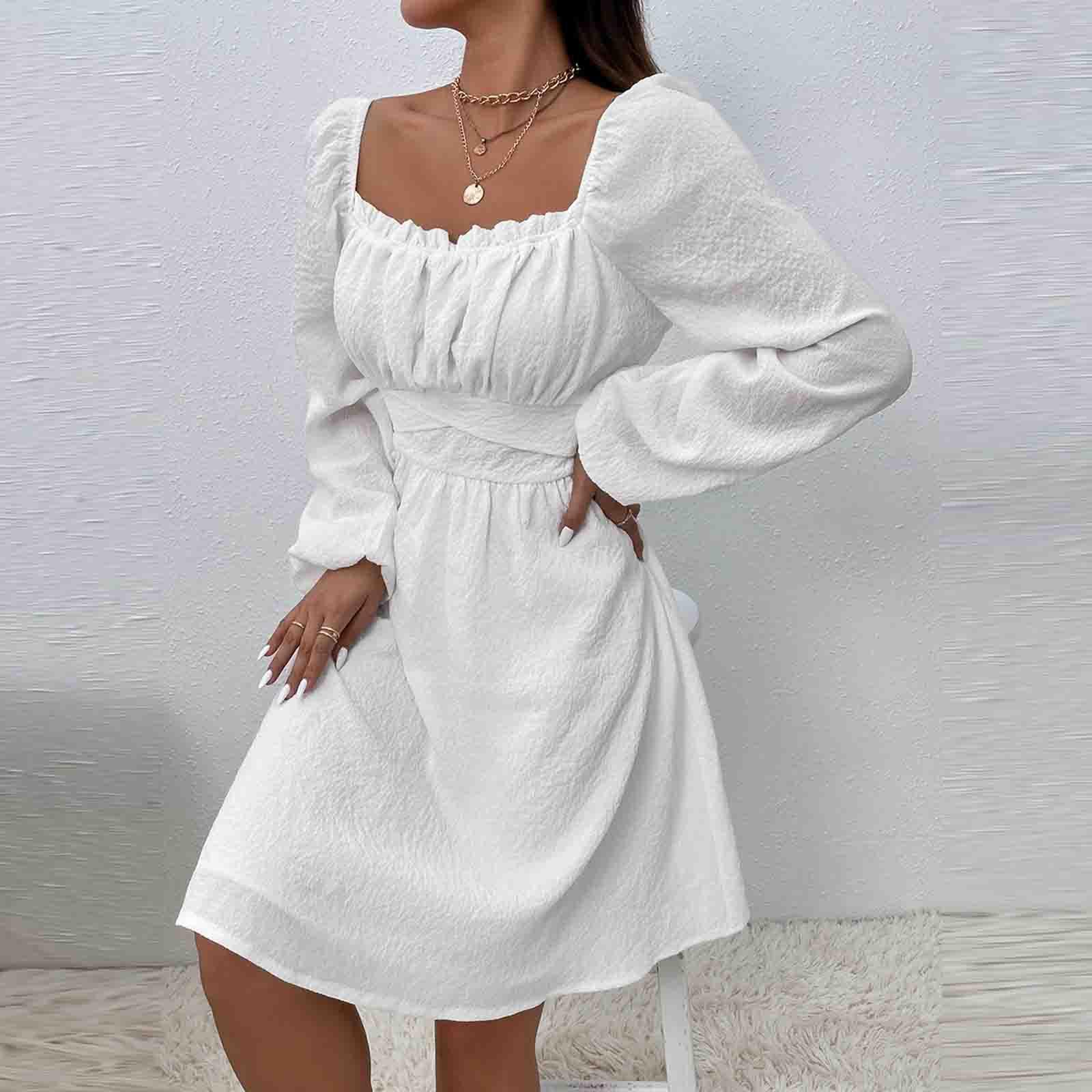 Women s Fashion Colour Square Neck Long Sleeve High Waist Dress XL белый