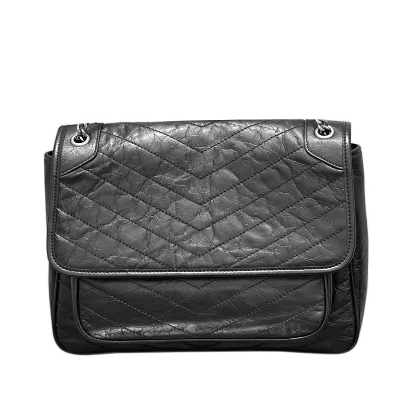 

Кожаная почтовая сумка высшего слоя Дуб Никки Однокожаная женская сумка подмышку Натуральная кожа Большая вместимость Цепочка Сумка-тоут 32cm чёрный