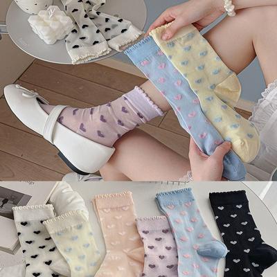 Ladies Spring and Summer Thin Love Crystal Silk Auricle Lace Breathable Cylinder Stack Socks
