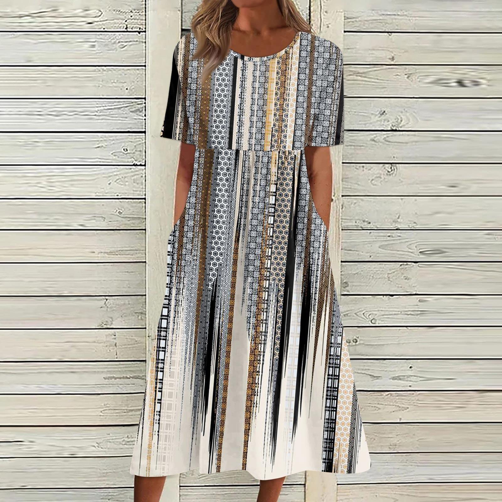 

Women s Casual Dresses Printed Dresses Summer Dresses Printed Pleated Round Neck Midi Dresses Basic Classic Outdoor Daily Short Sleeve Loose Dresses M бежевий