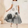 Women Plus Size Round Neck Short Sleeve Grey Black Printed A Line Long Dress