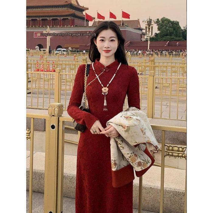 Elegant Red Retro Brocade Jacket  Qipao Dress - Autumn/Winter Collection M
