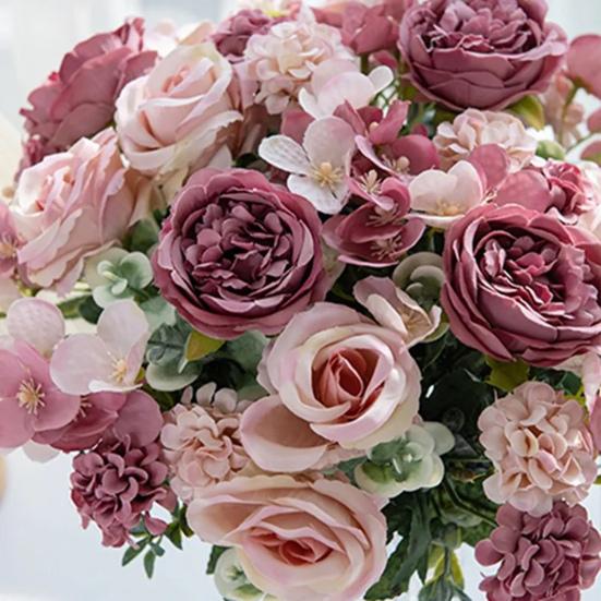 Artificial Rose Bouquet Realistic Fake Silk Flower with Green Leaves Home Wedding Party Table Centerpiece Indoor Outdoor Faux Bloom Decoration