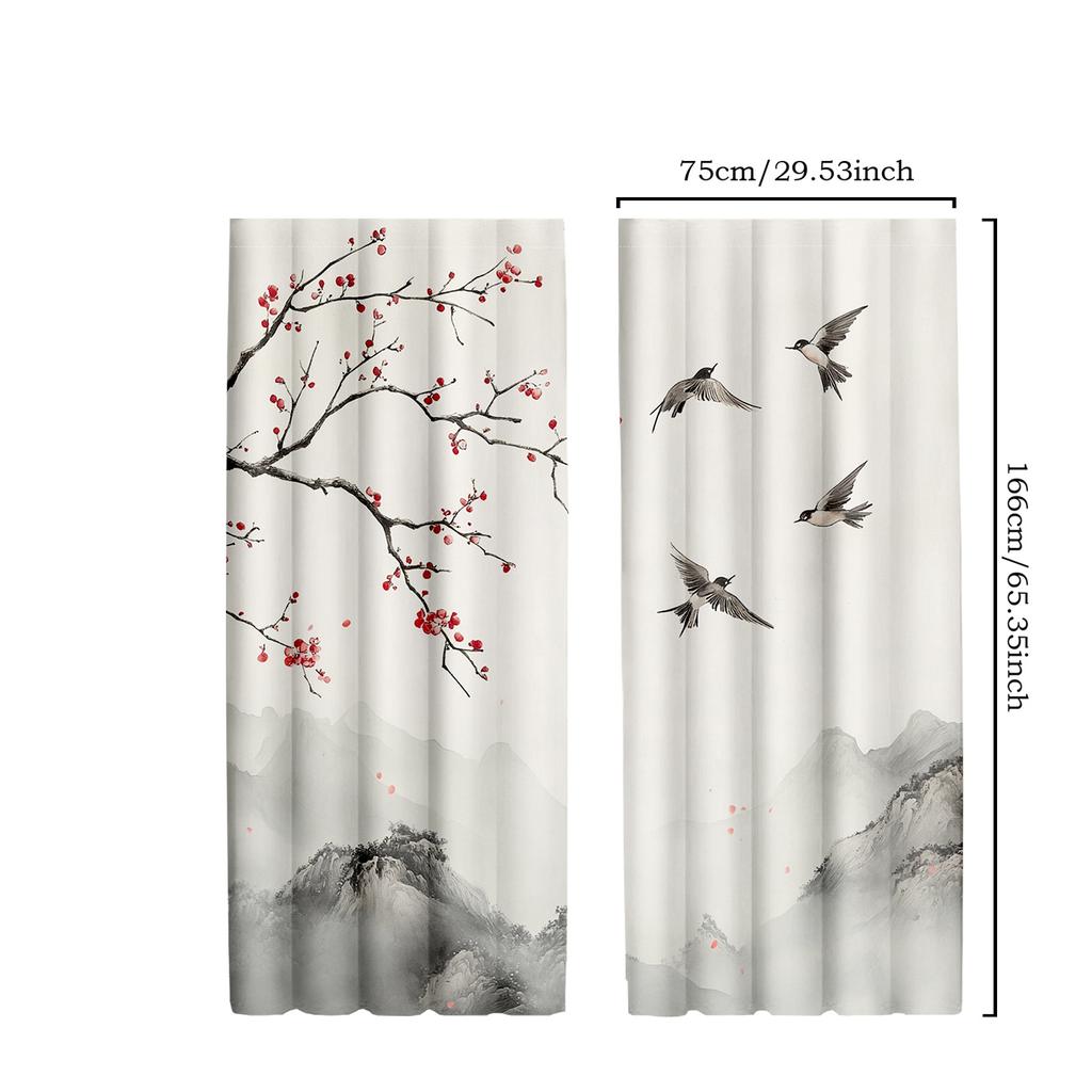2pcs Classic Japanese Scenery Polyester Curtains   Mountain and Seagull Print Drapes for Living Room and Bedroom Decor