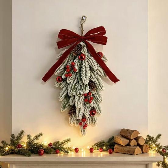 Holiday Gift for Home Flocked Christmas Teardrop Swag Front Door, Artificial Pine with Red Decorative Hanging Wreath Wall Berries Velvet Bow,