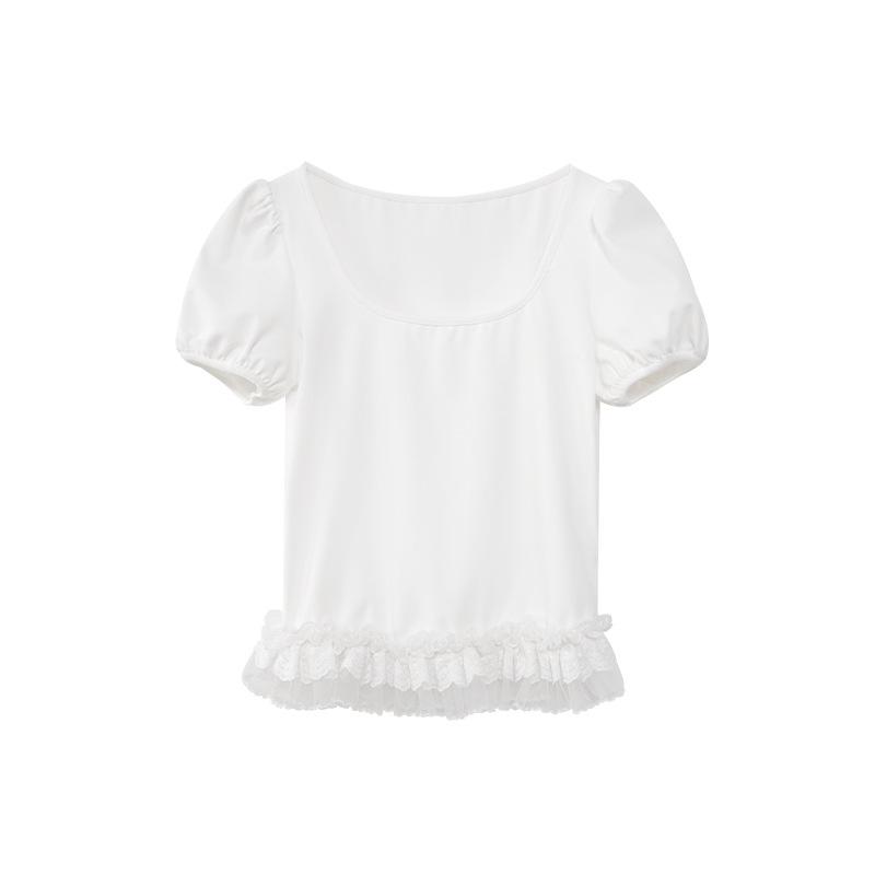 

Interpret Beauty Summer 2025 Sweet Lace Trim Slimming Square Neck Short Sleeve T-Shirt S5012 Small белый