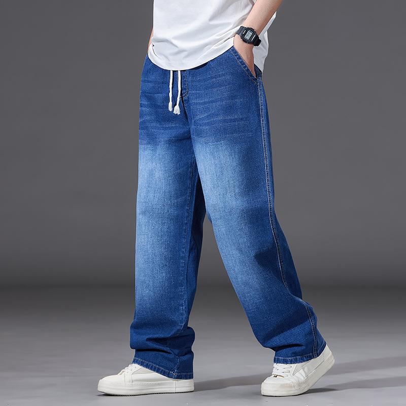 Plus-size men s jeans: loose-fit, straight-leg, wide-leg trousers with an elasticated high waist L синий