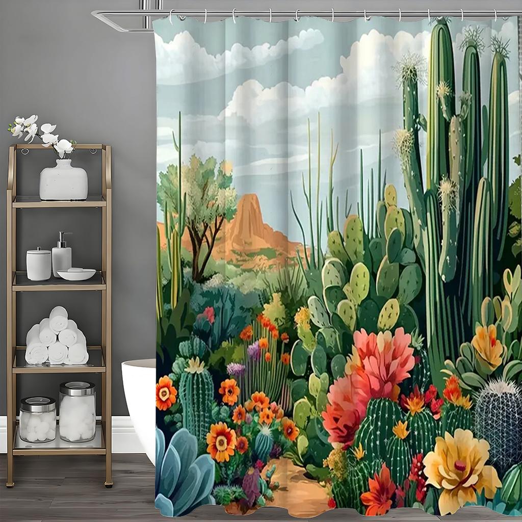 Tropical Cactus Design Shower Curtain, Succulent, Green Cactus Flower, Desert Landscape, Modern, Bohemian, Polyester, with Hooks