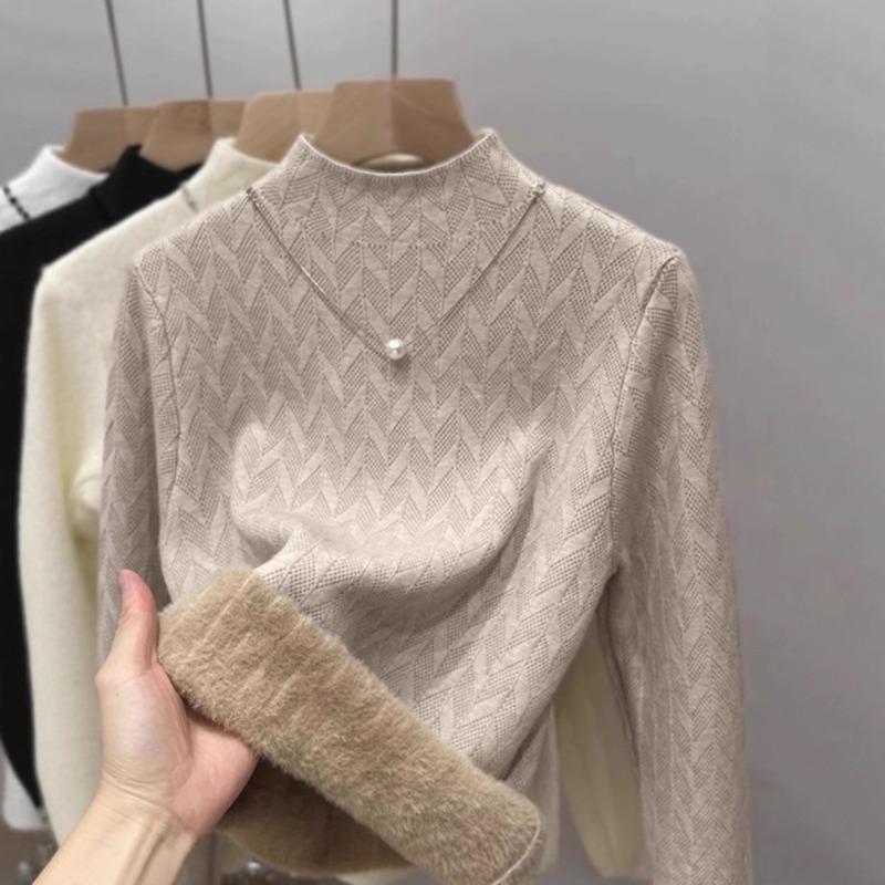 Semi-turtleneck fleece thickened integrated fleece sweater women's autumn and winter new inner bottoming shirt thermal top