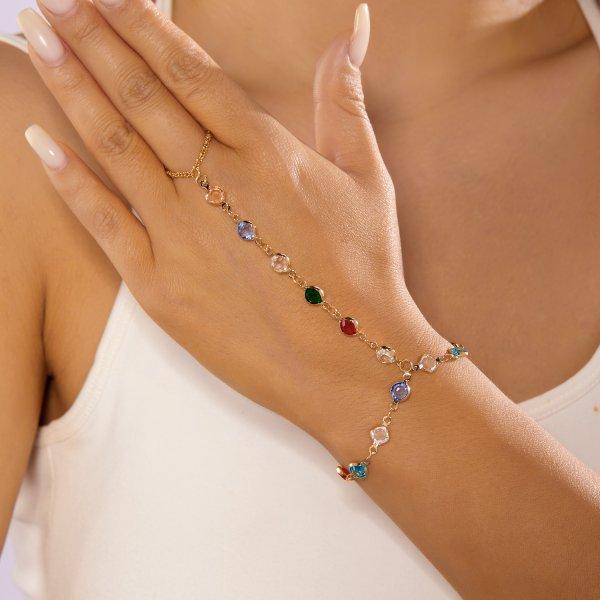 New Colorful Crystal Zircon Link Chain Connected Finger Ring Bracelet for Women Gold Color Flower Cross Bracelet Party Jewelry
