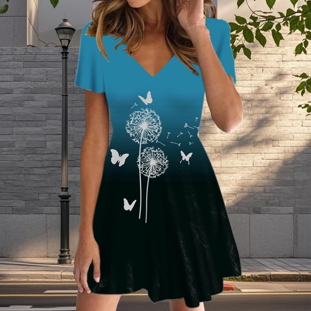 Summer Fashion Women's V Neck Short Sleeve Dandelion Printed Dress Sex Short Skirt Dresses