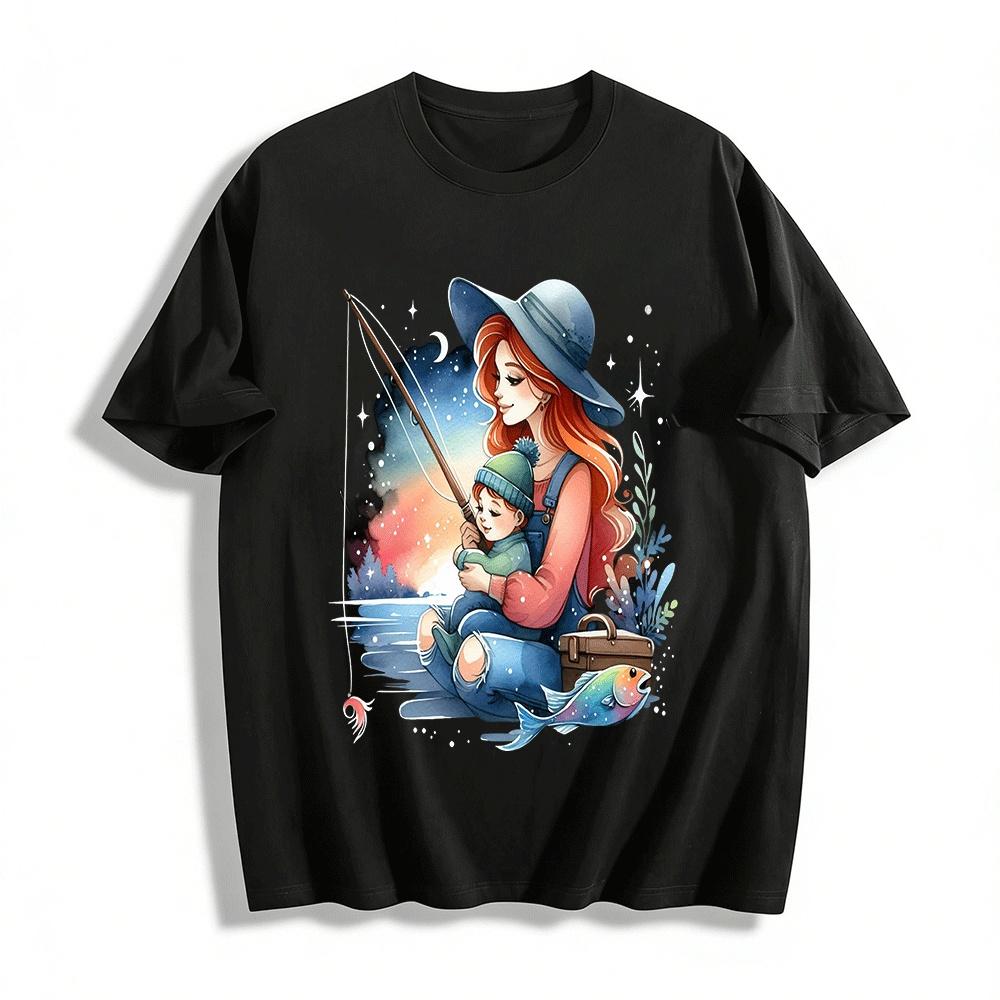 Watercolor Mother Child Fishing Time Casual Print T-Shirt Pure cotton T-shirt XXS