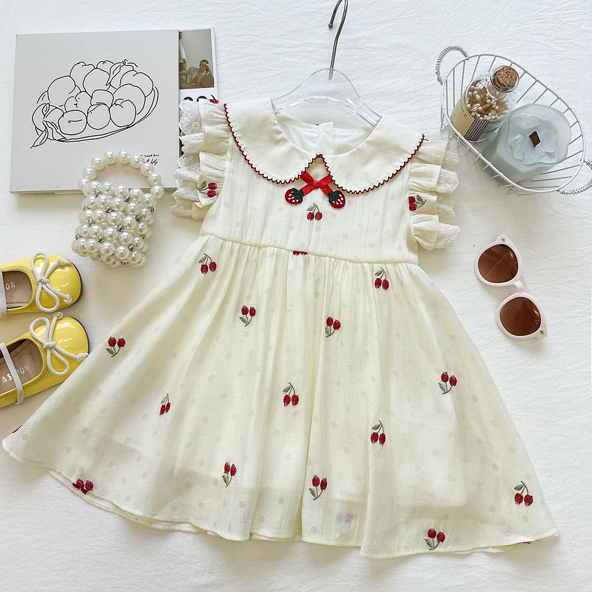 Summer Girls Cherry Embroidered Doll Collar Princess Dress Sweet Cute Stylish Cotton Party Dress For Kids 90cm