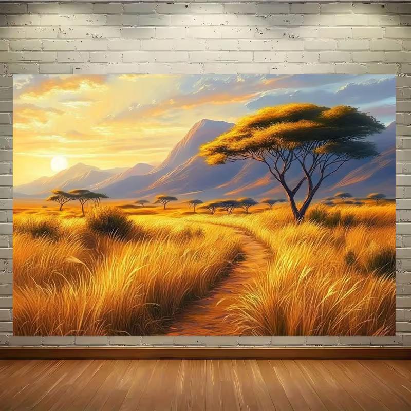 

2D Oil Painting Style Savanna Tapestry, Golden African Grassland Sunset Wall Art 47.2x31.5inch/120*80cm