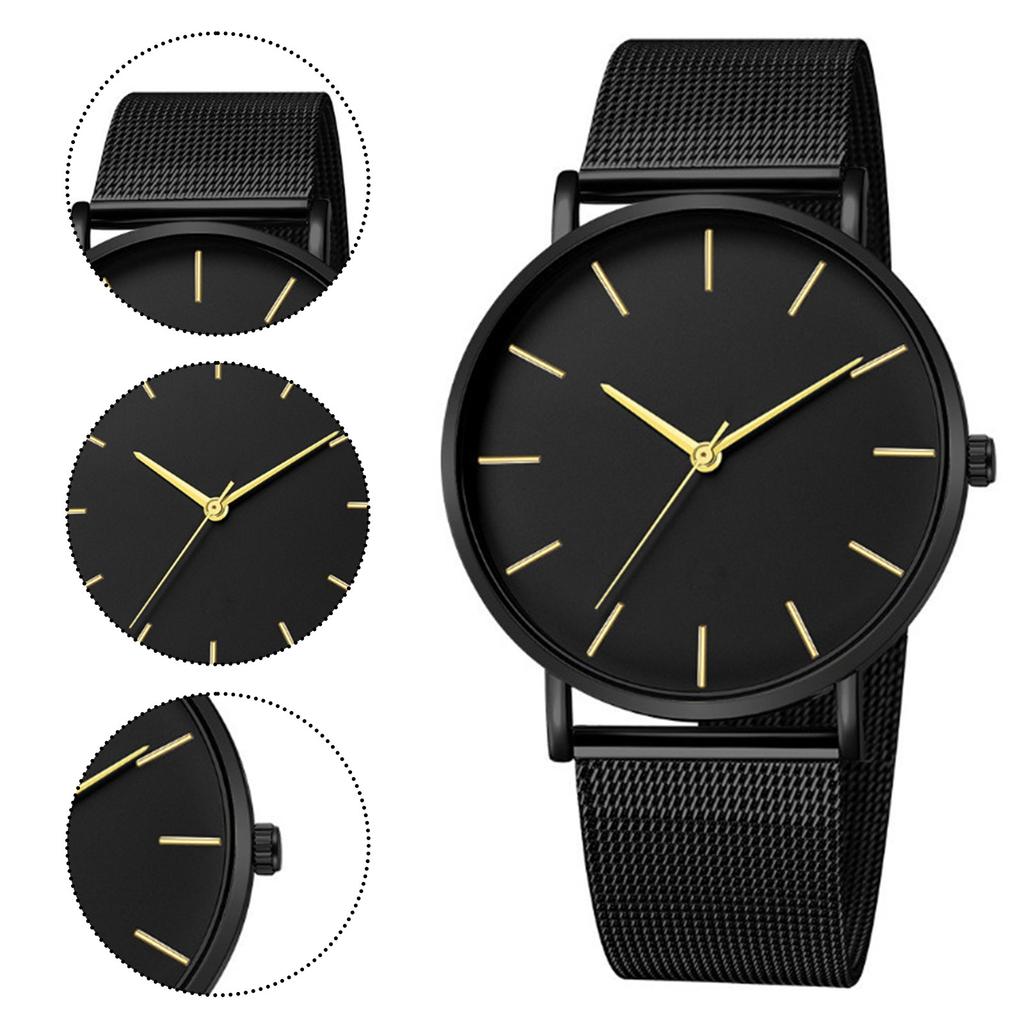 Trendy Minimalist Men’s Watch Modern Black Mesh Band Quartz Watch Chic Gold Accent Matte Black Face Slim Round Case Wristwatch