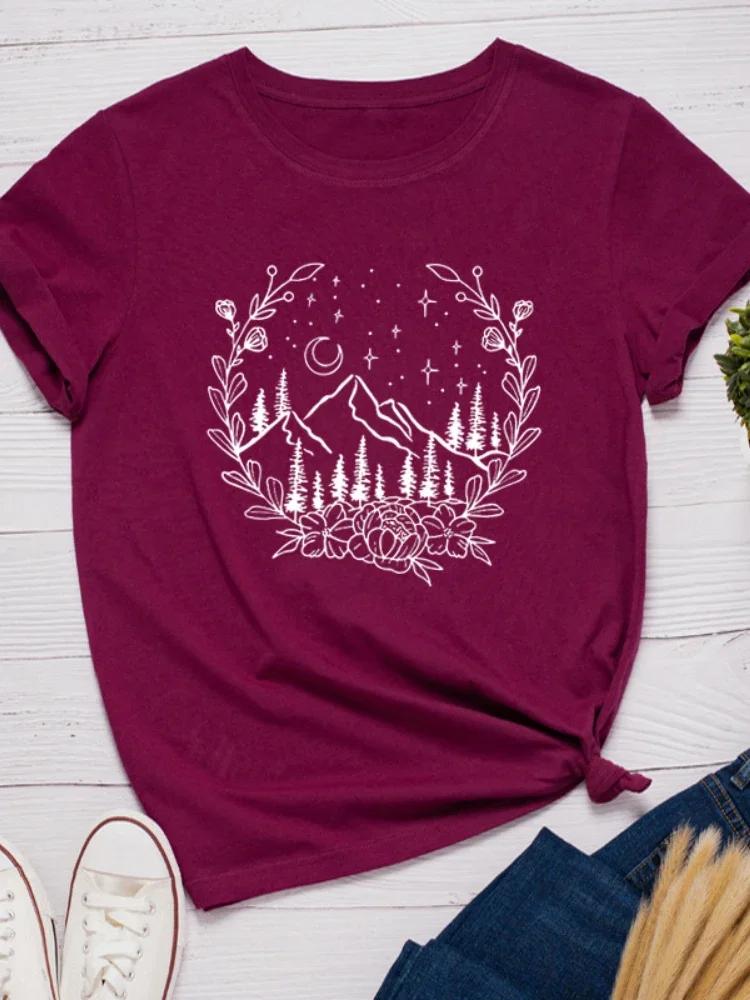 Kranz Mond Berg Druck Damen T-Shirt Kurzarm O-Ausschnitt Locker Damen T-Shirt Damen T-Shirt Tops Kleidung Camisetas Mujer