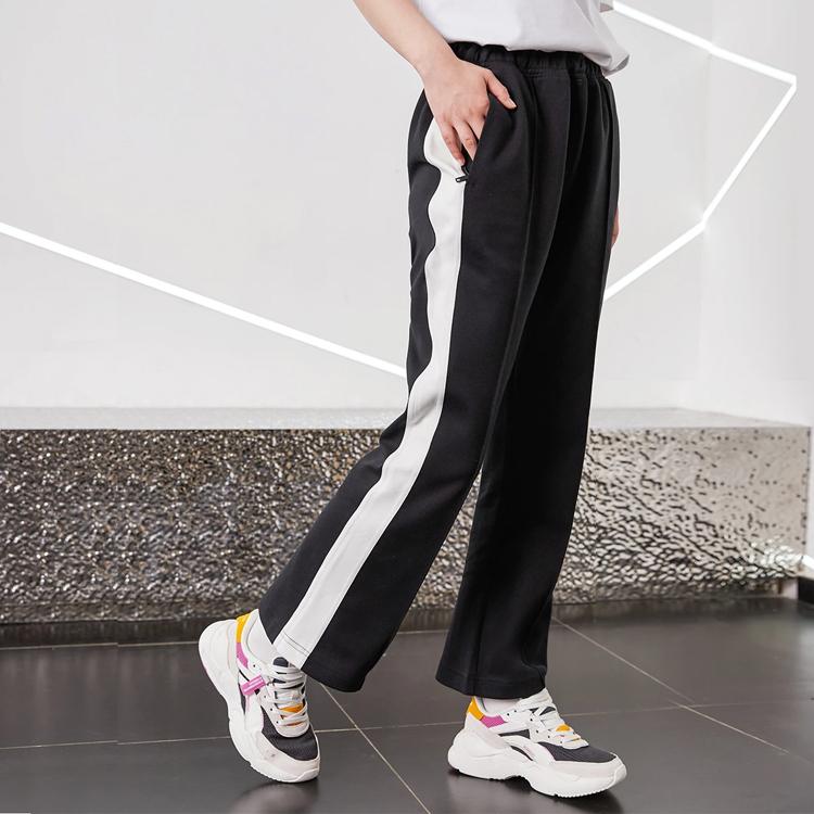 Li Ning Sports Fashion Series Side Stripe Splicing Straight Leg Knitted Sports Pants Women bottoms Black AKLR546-1