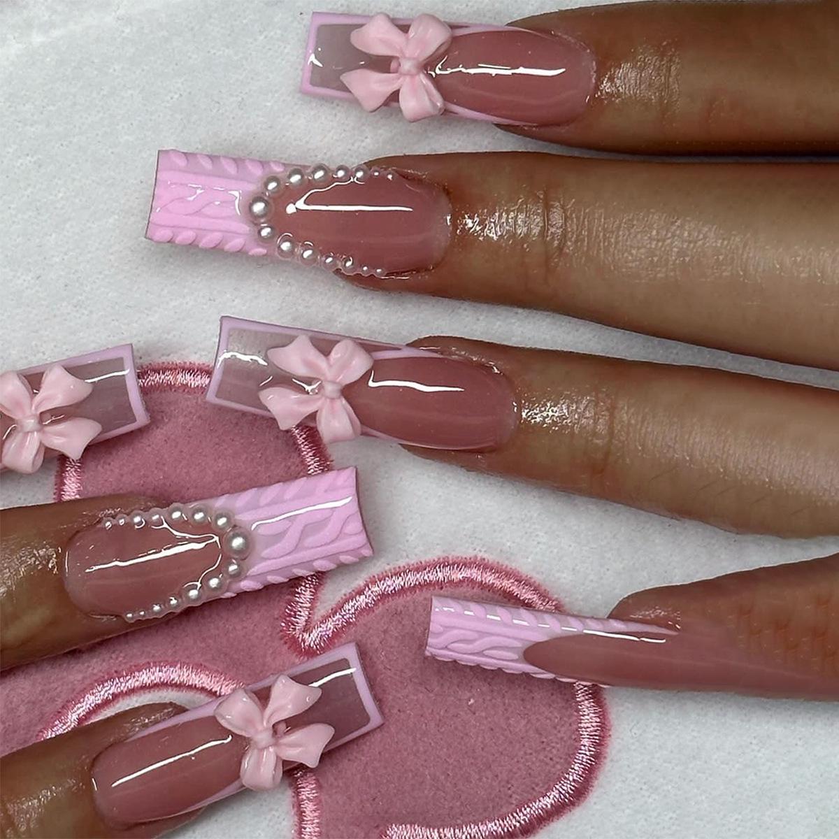 

European & American Extended Pearl Bow French Manicure Armor Nail Pieces
