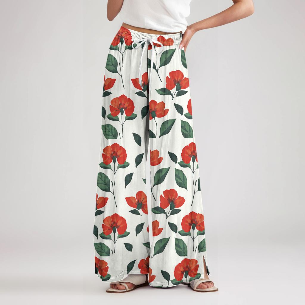 Women's Loose Casual Floral Print Wide Leg Pants With Elastic Waist Drawstring And Pocket Pants