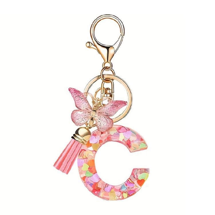 Fashionable Crystal Letter Keychain Sparkling Butterfly Tassels Charm Keyring Ornament for Women Girls Accessories