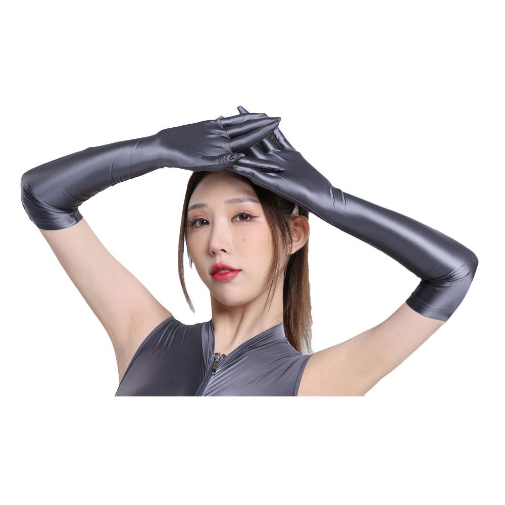Sexy Women Smooth Shiny Elastic Glove Oil Gloosy Silky Sheer See Through Long Gloves Sunscreen Driving Glove Luxury Candy Color