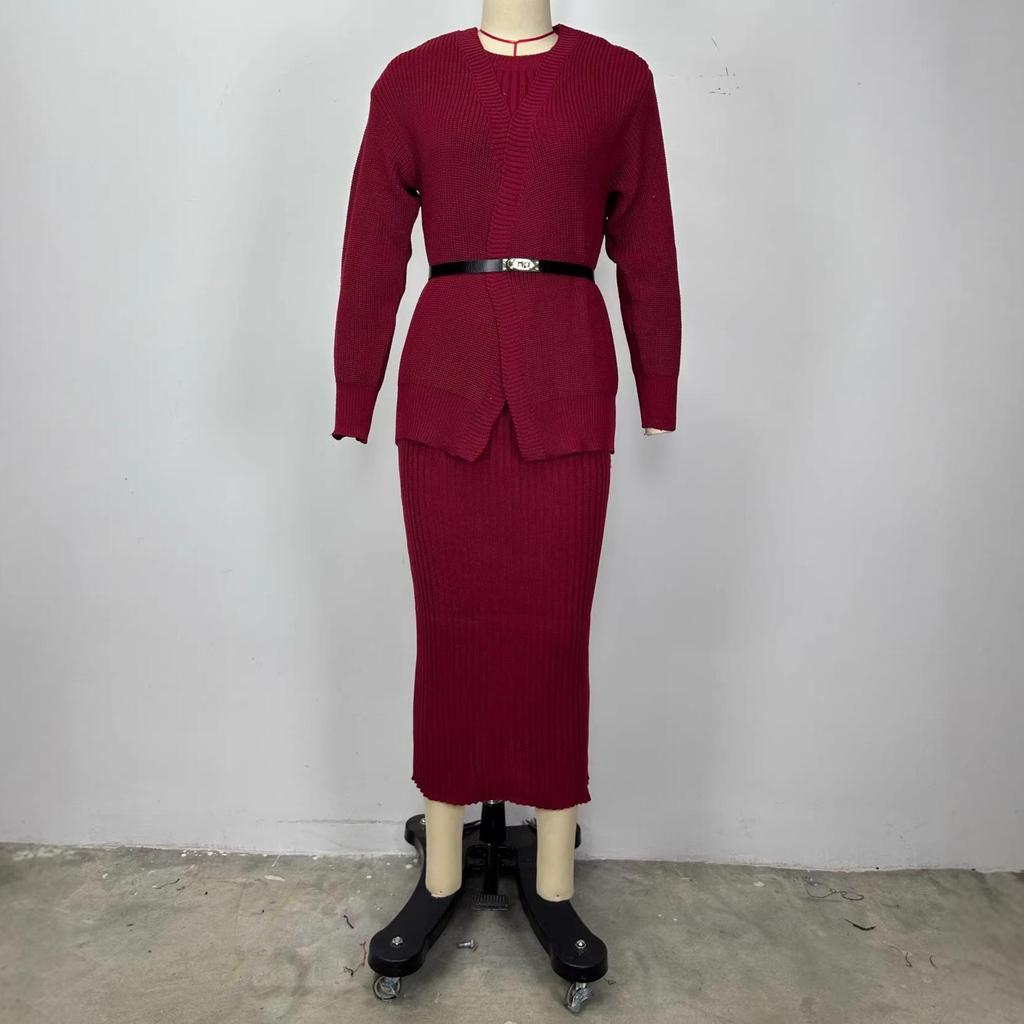 Russian Autumn/Winter Casual Round Neck Lazy Style Knitted Cardigan Set Dress