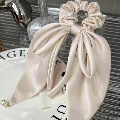 Imitation Seide Champagnerfarbene Scrunchies Haargummis mit Schleifen Satin Haarband Perlenanhänger Pferdeschwanz Haaraccessoires