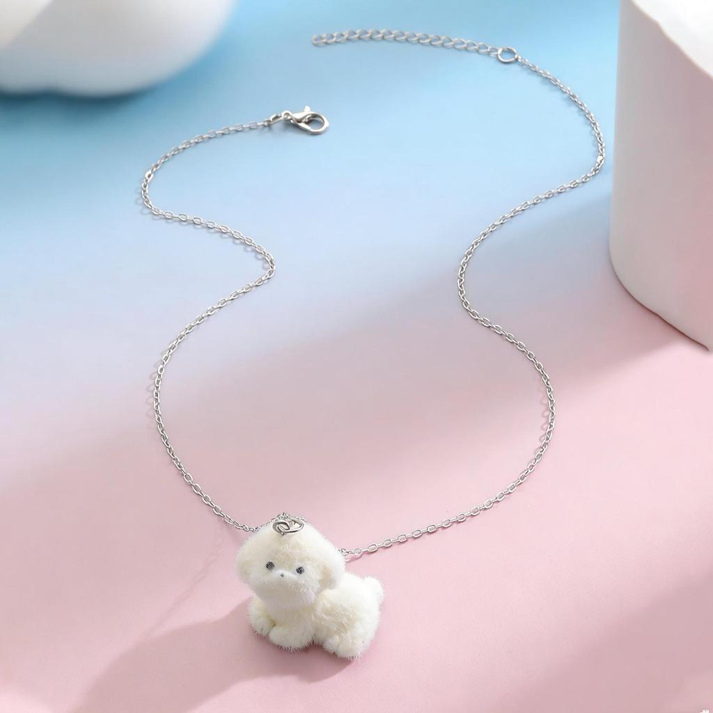 Cute 3D Flocked Resin Pendant Necklace - Dog, Panda, Rabbit Designs for Women