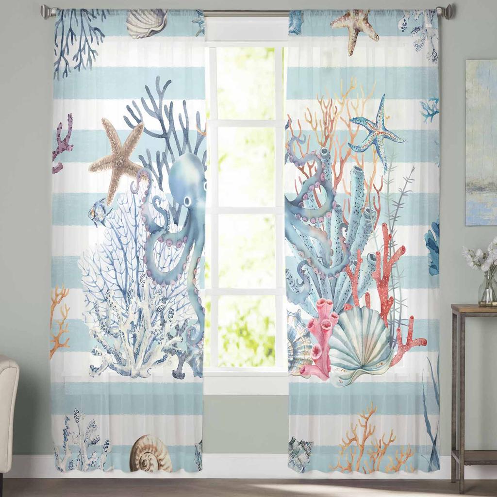 Ocean Blue Striped Coral Starfish Shell Conch Octopus Sheer Curtains for Kids Living Room Voile Window Curtains Tulle Drapes