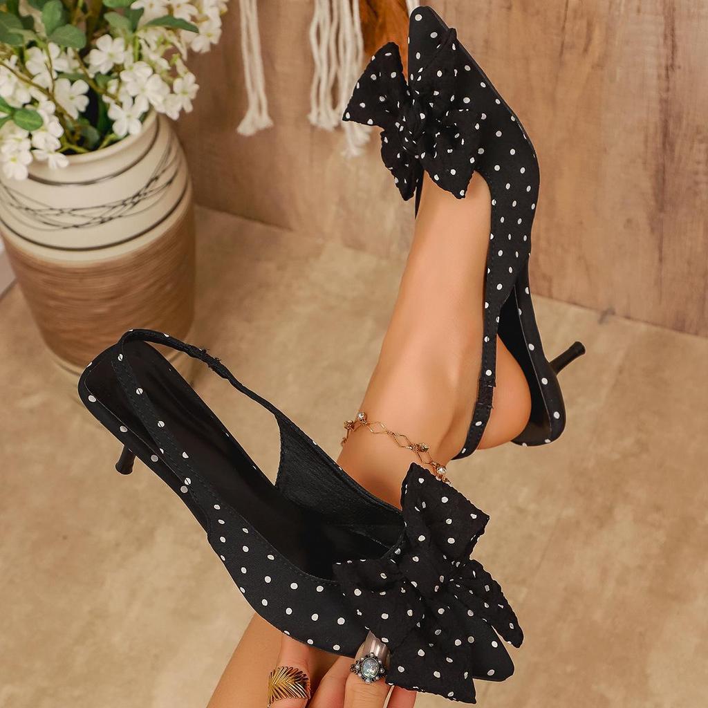 2026 Polka Dot Bow Stiletto Sandals, Pointed Closed-Toe with Back Strap