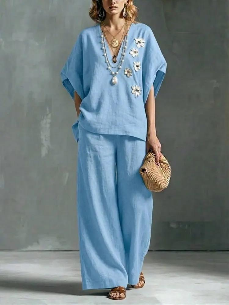 2026 new cross-border foreign trade ladies 2-piece set large size cotton and linen casual suit high waist loose trousers