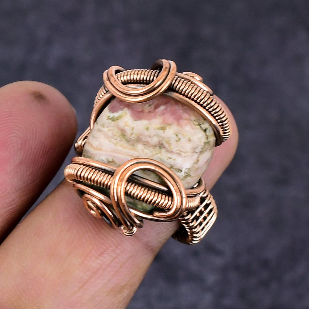 Natural Rhodochrosite Gemstone Copper Wire Wrap Jewelry Ring Size 8.5 ET-4661