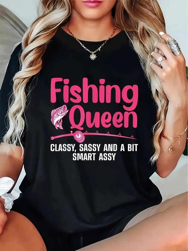Fashion Tshirt with Humorous Design Womens Fishing Enthusiast Tshirt Round Neck Short Sleeve Casual Tshirt Machine