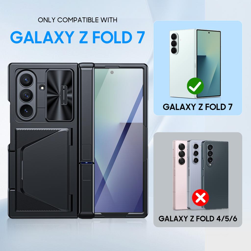 Für Samsung Galaxy Z Fold 7 Mit Kartenhalter RFID-Blockierung, Eingebaute Schiebe-Kameraabdeckung & Scharnierschutz & Ständer & Displayschutz, Brieftaschen-Hülle-Schwarz