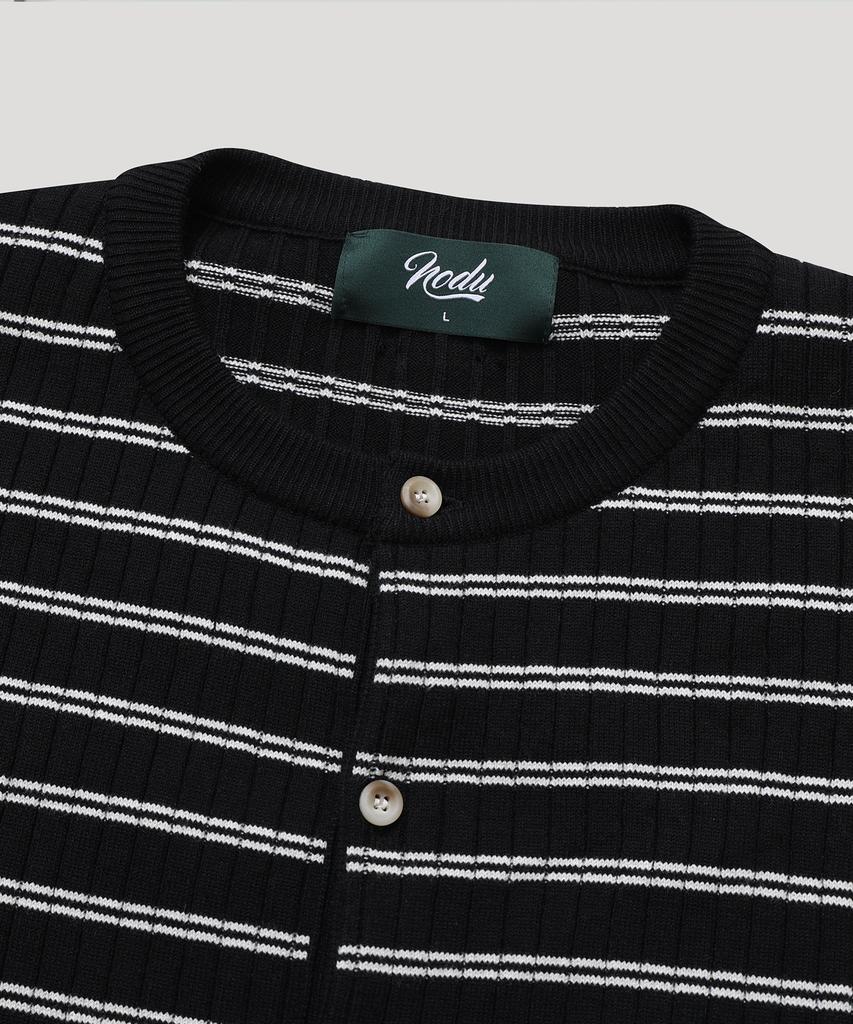 Nodu Block Stripe Round Knit Cardigan [Black]