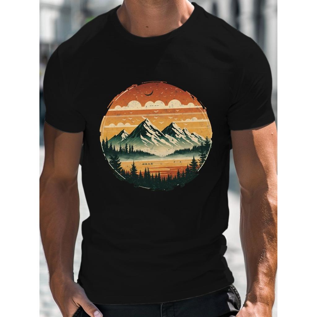 Mountain Landscape Graphic Tee Men Loose Fit Short Sleeve Casual Breathable Cotton T-Shirt